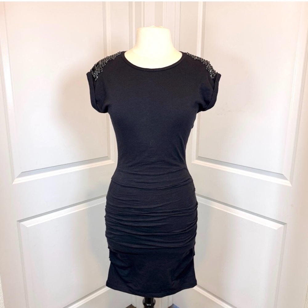 MAJE Little Black Dress Sz 2, Embellished Shoulder Ruched Bodycon Party Cocktail